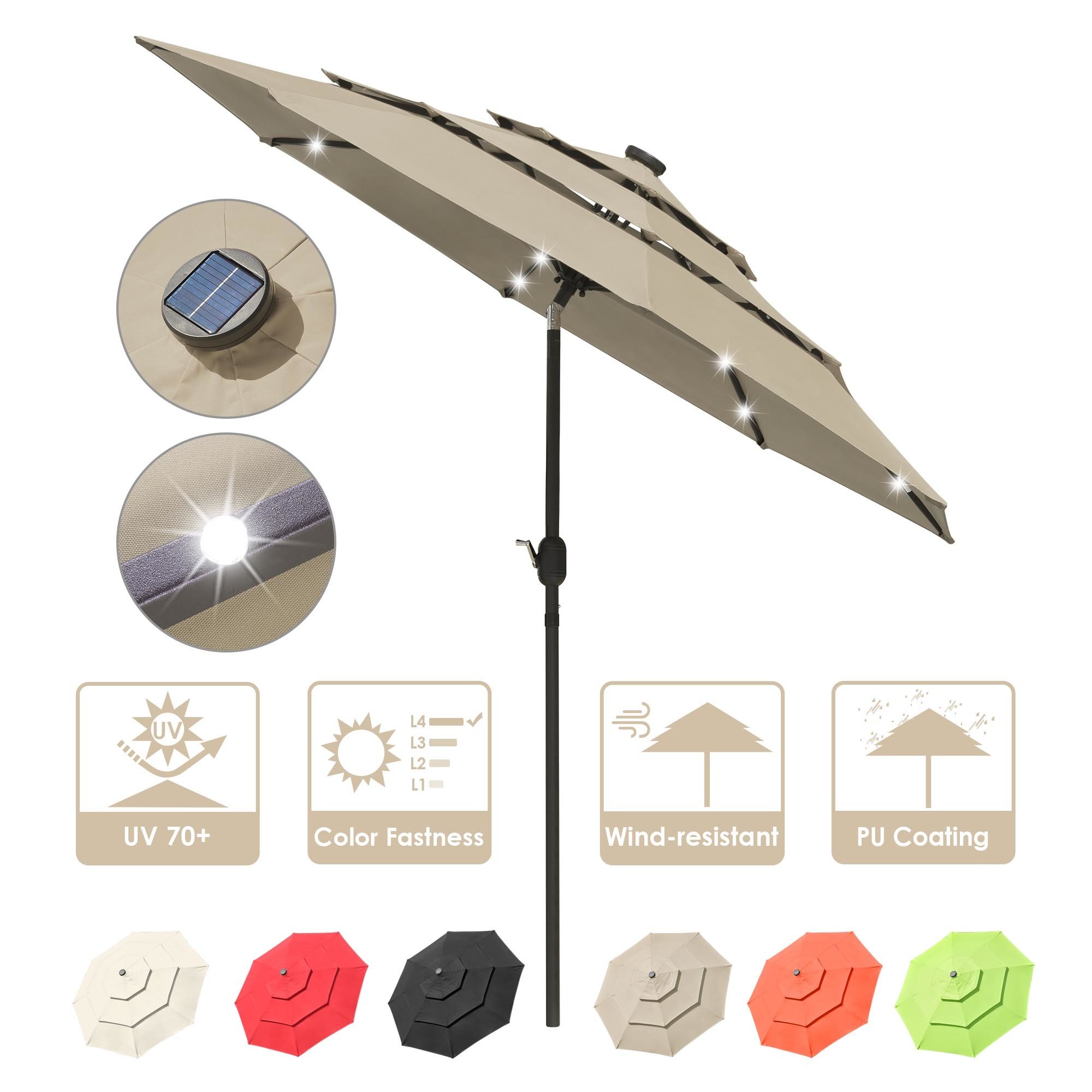 9Ft 3-Tiers 24LEDS Patio Umbrella Khaki 9Ft 3-Tiers 24LEDS Patio Umbrella Khaki