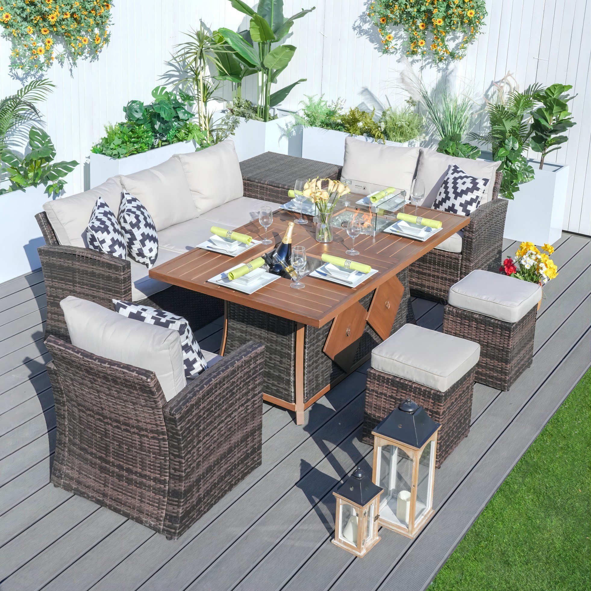 Direct Wicker 7 PCS Patio Conversational Sofa Set With Gas Firepit and Ice Container Dining Table Direct Wicker 7 PCS Patio Conversational Sofa Set With Gas Firepit and Ice Container Dining Table