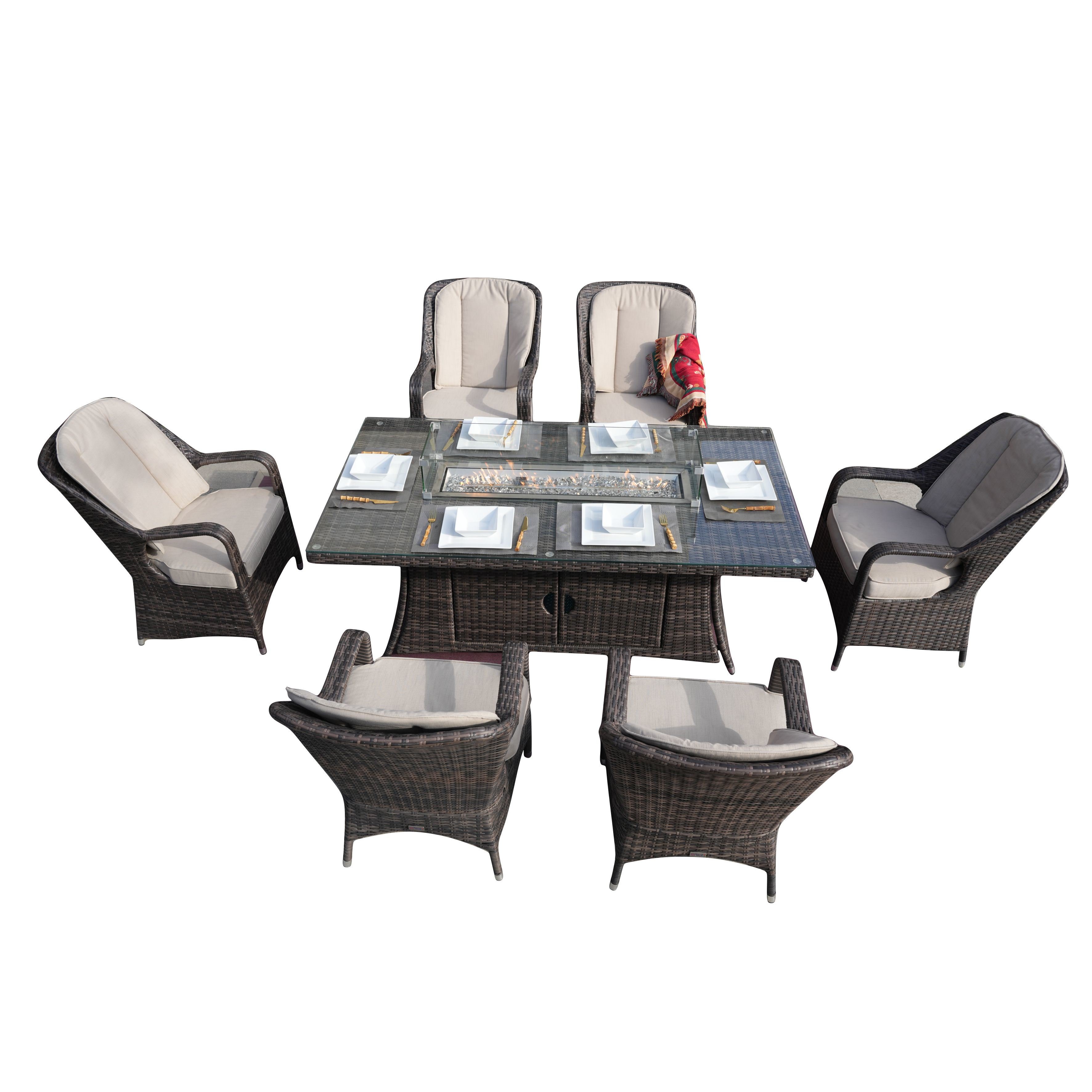 Direct Wicker 7-Piece Patio Wicker Gas Fire Pit Set Rectangular Table With Arm Chairs Direct Wicker 7-Piece Patio Wicker Gas Fire Pit Set Rectangular Table With Arm Chairs
